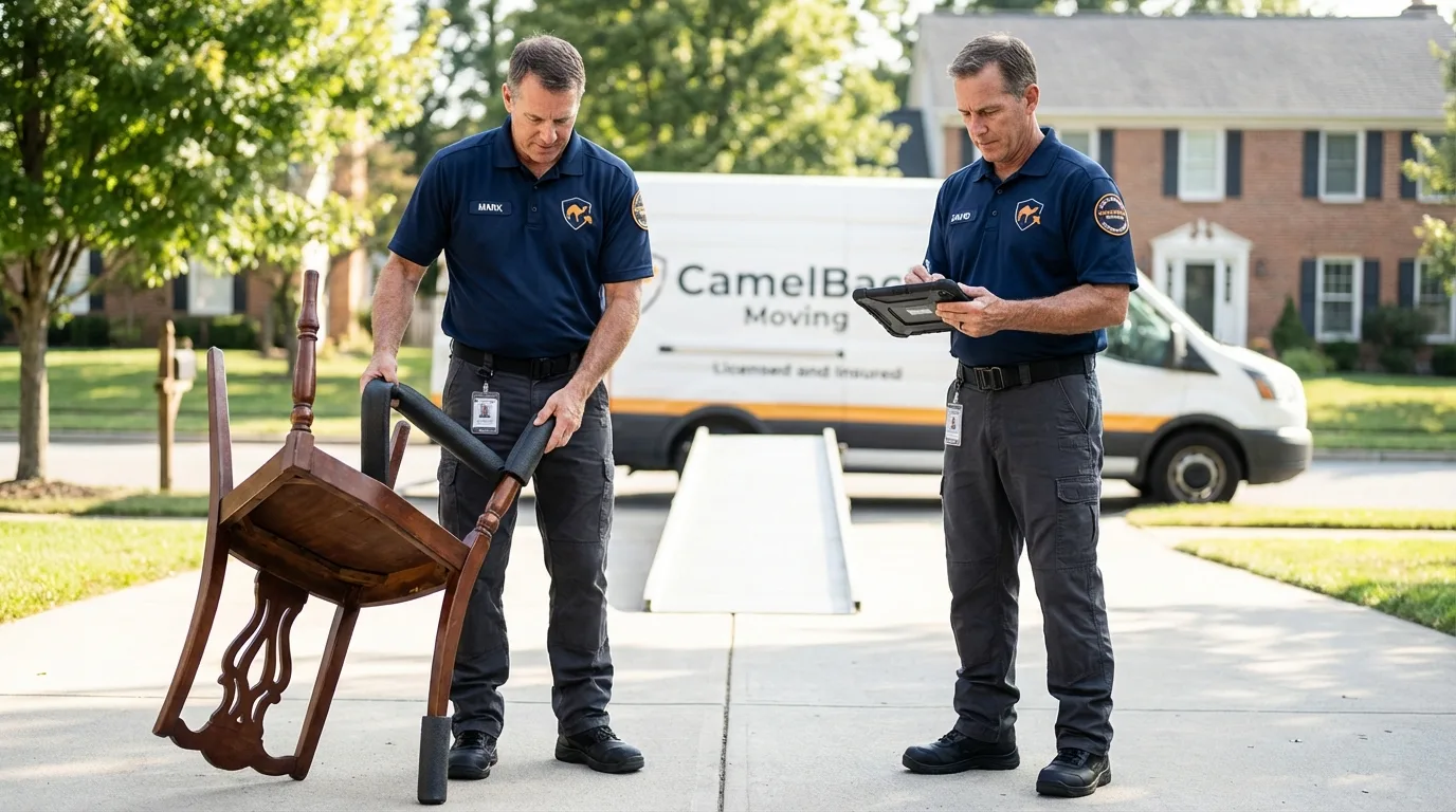 Movers inspecting furniture for damage prevention before loading in Arapahoe, WY